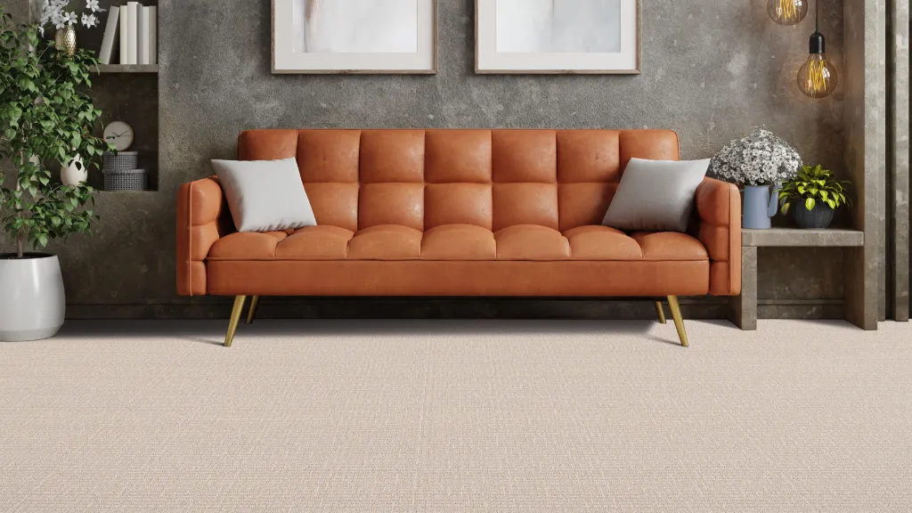 beige carpet with orange sofa