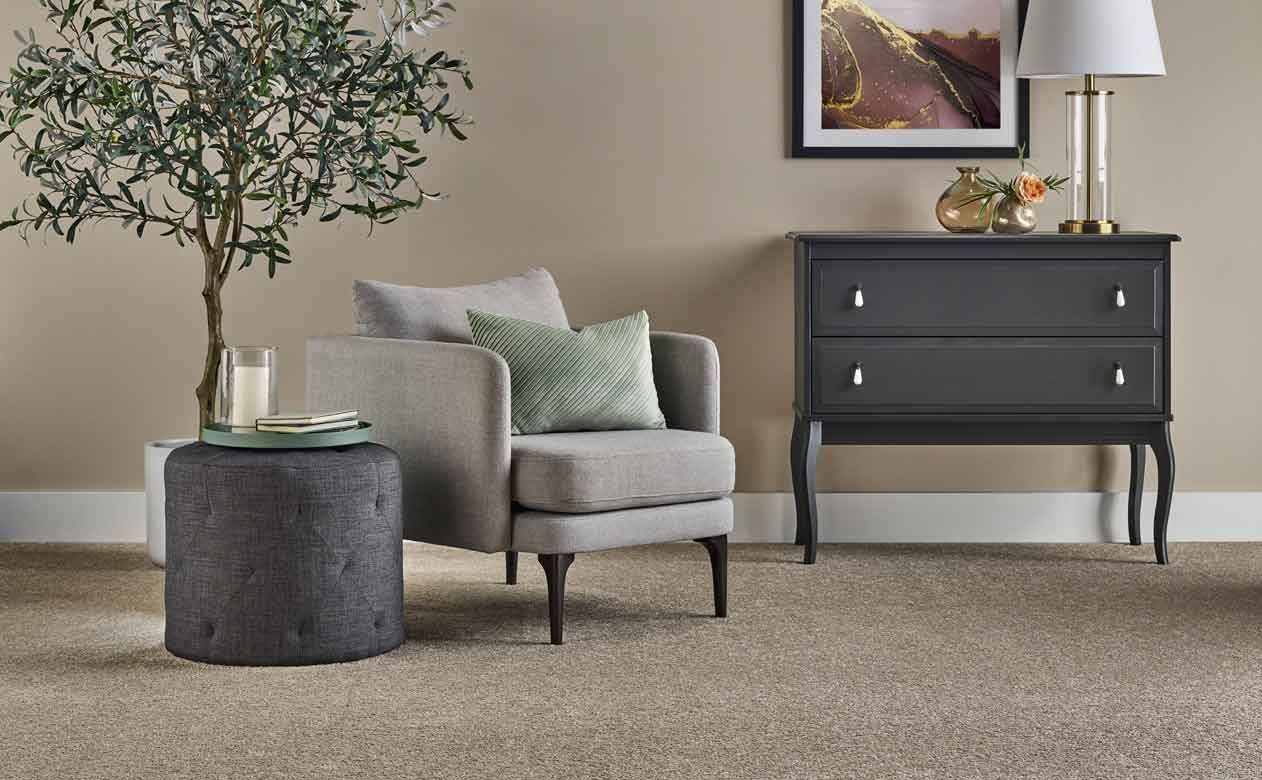 Living room with soft grey and cream furniture and carpet.