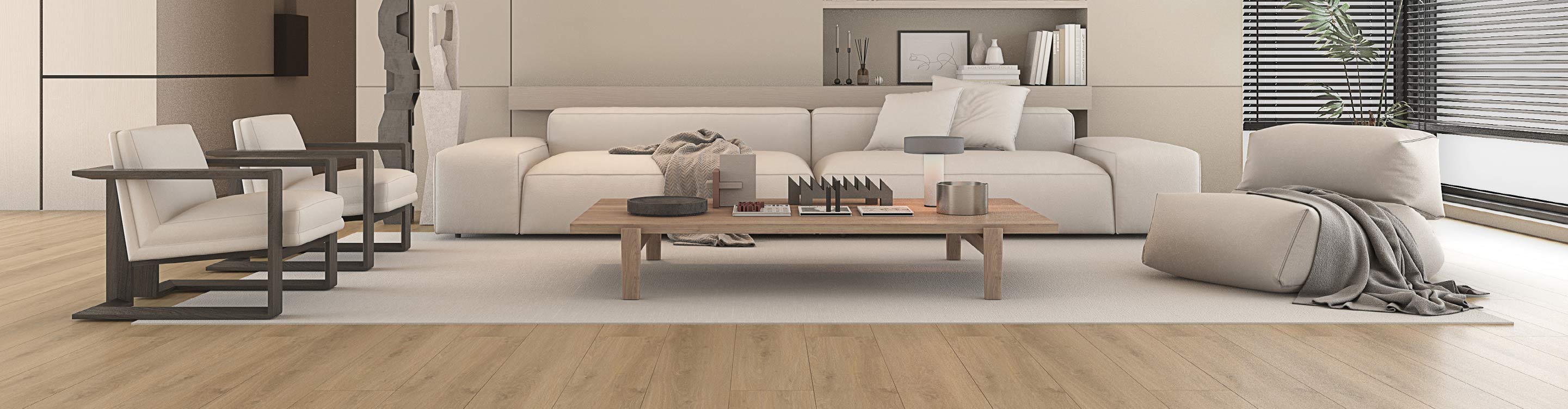 laminate flooring in living room with white couch